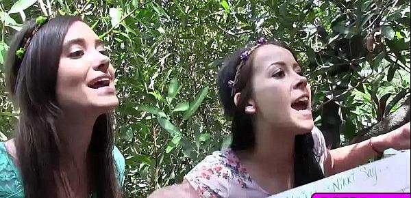  Teen babes protest and fucked in the forest